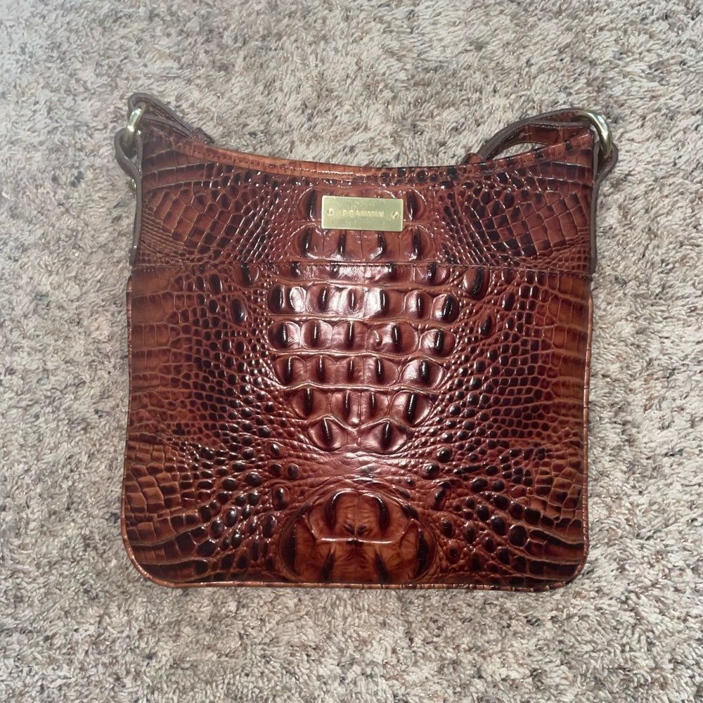 Women's Medium Brahmin Brown Leather Alligator Hide Crossbody Satchel Bag 10x9”
